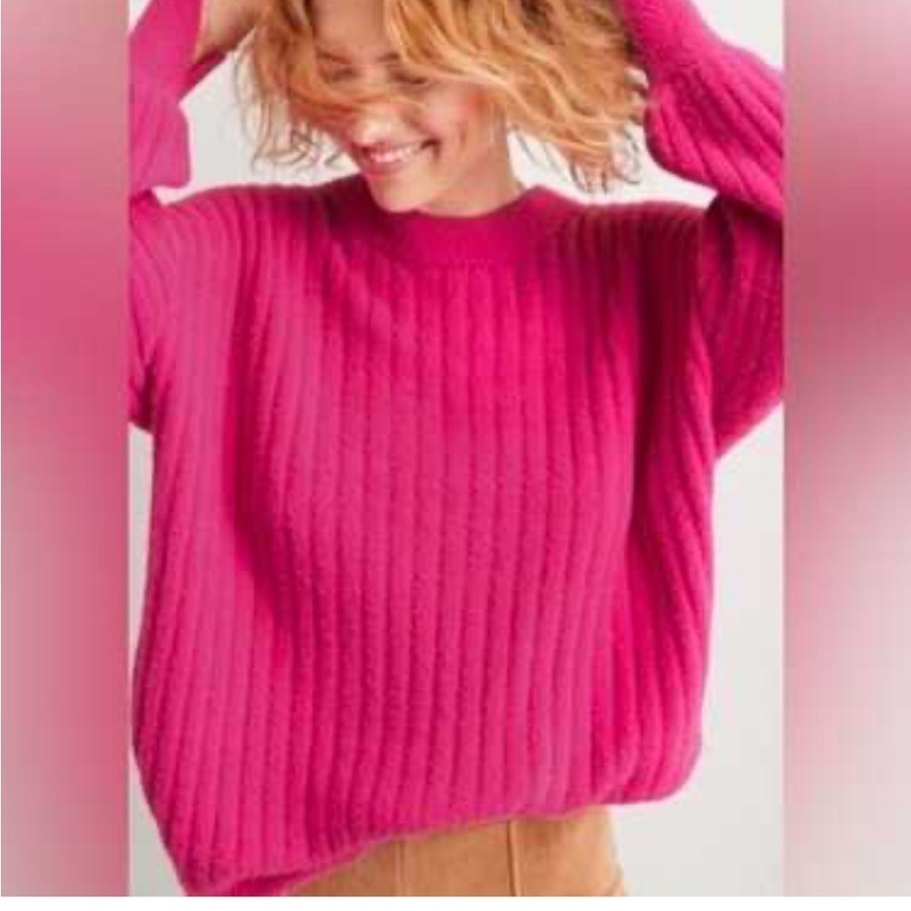 Aerie Vibrant Pink Ribbed Crewneck Sweater